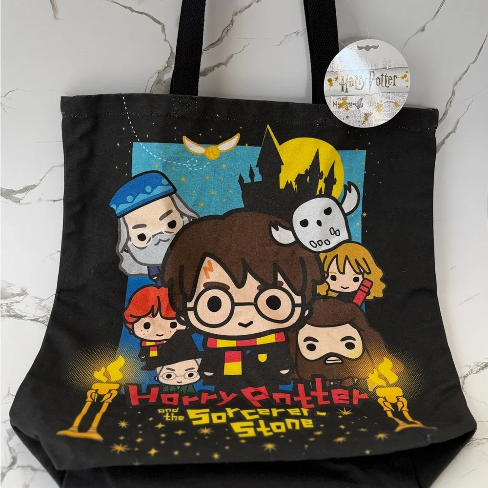 Harry Potter Sorcerer’s Stone Kawaii Tote Bag Black Reusable Book Bag
